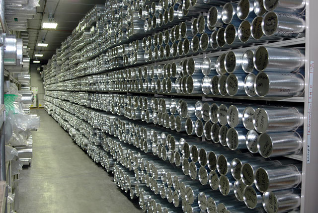 Aisle filled with ice core boxes.