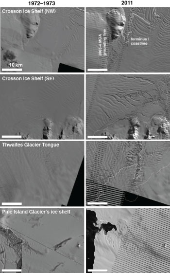 Satellite images of ice shelves.