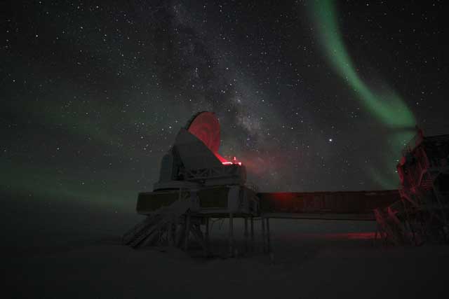 Red light illuminates telescope.