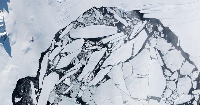 Satellite image of ice shelf and icebergs.