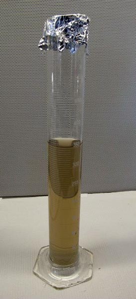 A vial contains dirty-looking water.