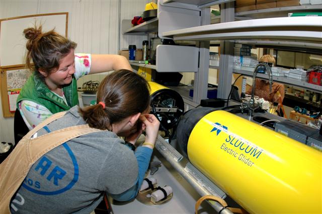 People work on yellow, torpedo-shaped instruments.