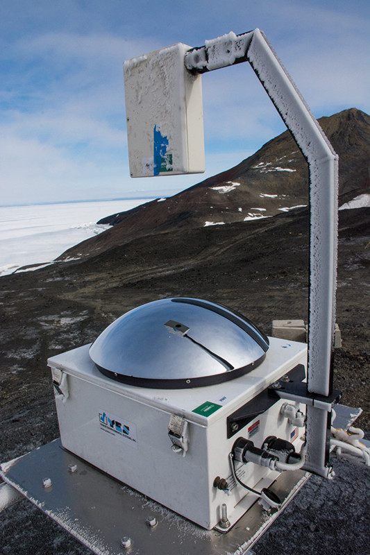 Instruments like this all-sky camera cover the roof of the AWARE structures at both McMurdo and WAIS
