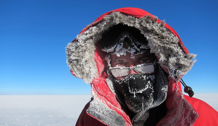 Ice forms around the face of Nic Bingham, a researcher who worked at the site in 2014