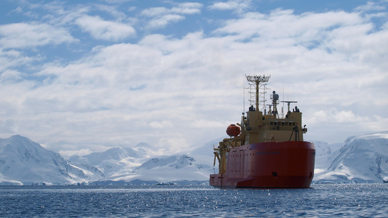 Onboard the Antarctic Research Vessel Laurence M. Gould, water samplers measure the carbon dioxide of the ocean