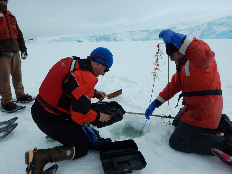 Benjamin Van Mooy (right) and Jamie Collins take water samples from under the ice in Arthur harbor