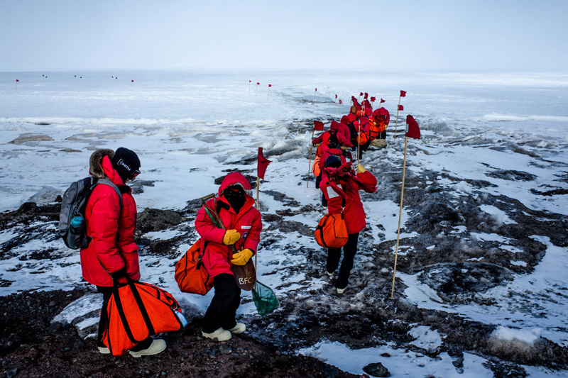 Student participants carry sampling equipment and cold weather gear to a sampling site near McMurdo Station