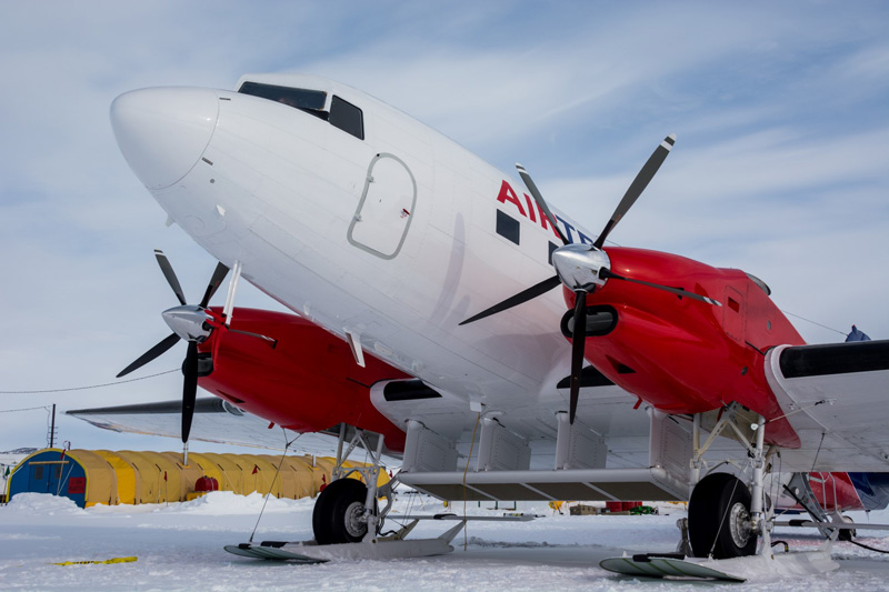 NASA’s Basler airplane, a DC-3 converted for use in below freezing-temperatures, sits on the runway