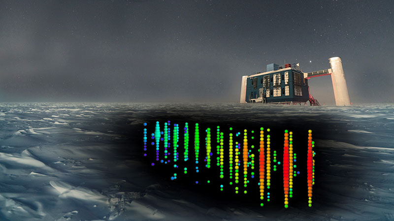 As the neutrino passed through the ice below the South Pole on September 22, 2017, it emitted a faint trail of light along its track, which IceCube’s detectors picked up (not to scale)