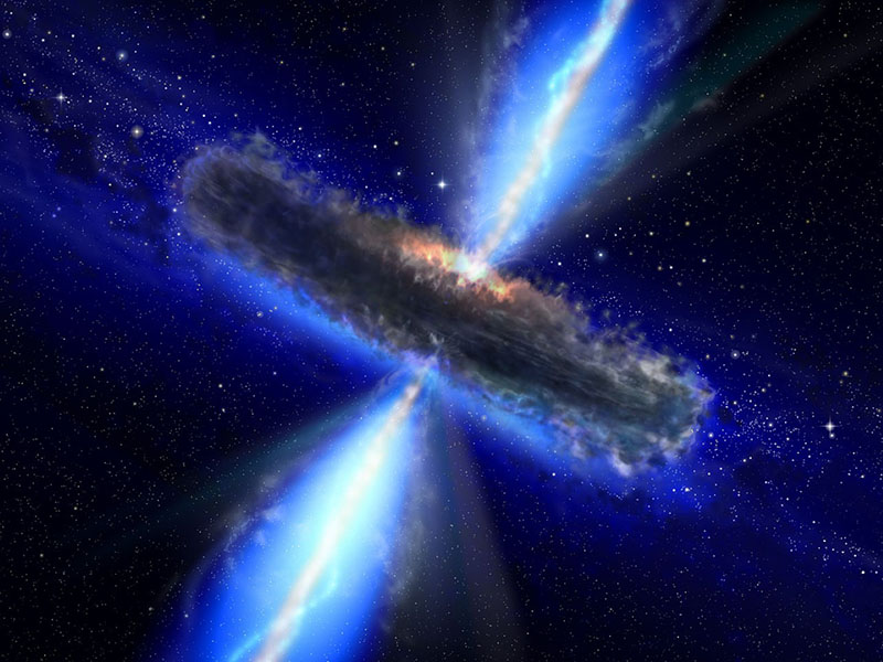 This artist's rendering of a supermassive black hole found at the center of an active galaxy show the energetic jets emitted from around it's center