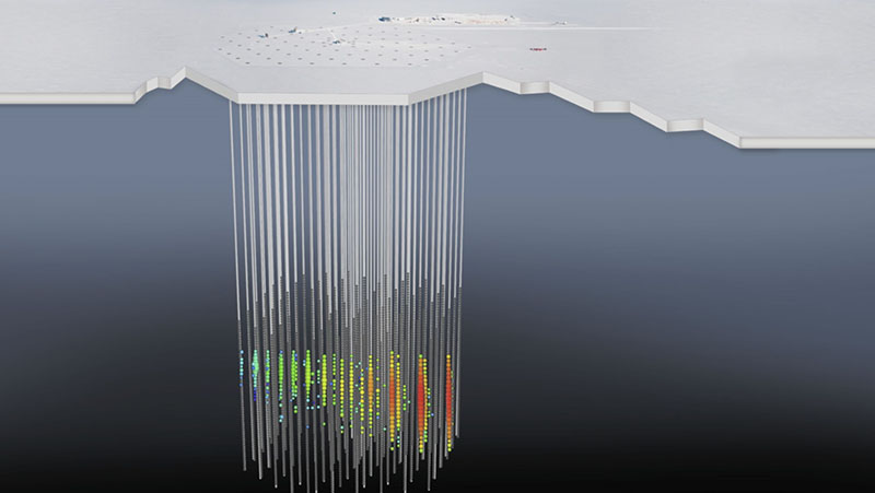 Drawn to scale , this artists rendering gives a sense of scale as to how deep IceCubes detectors are buried below the surface of the ice