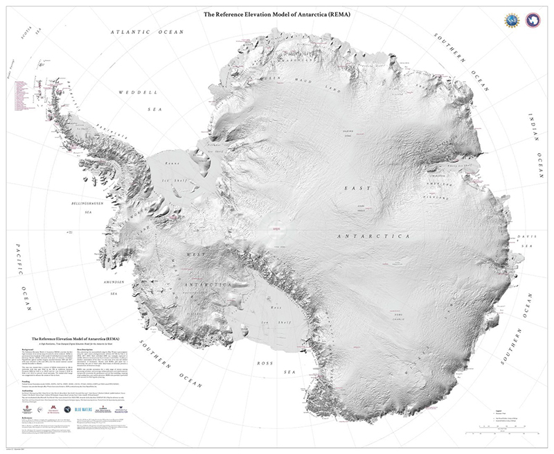 The Reference Elevation Model of Antarctica, here projected as a cartographic map, is the most accurate representation of the surface of the frozen continent ever created