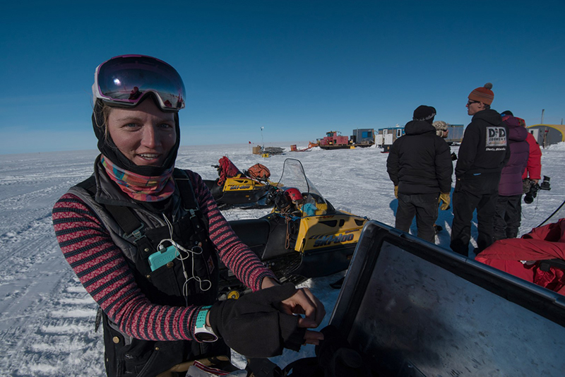 Chloe Gustafson returns from a survey across the ice sheet where she and her partner Matt Siegfried used electromagnetic readings to map the underside of the ice