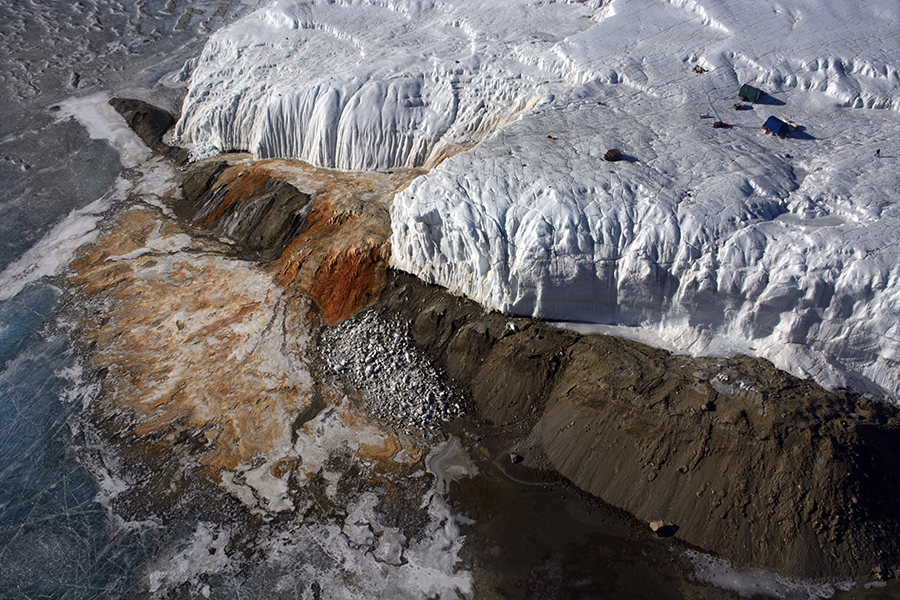 An aerial view of Blood Falls at the terminus of Taylor Glacier. 