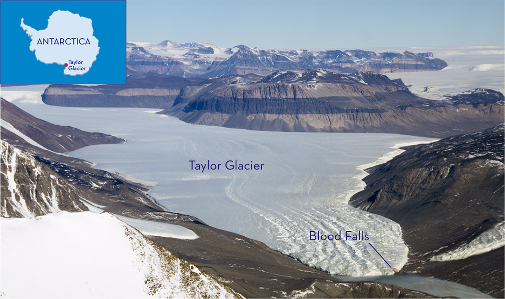 An aerial image of Taylor Glacier in Taylor Valley, part of the McMurdo Dry Valleys, the largest ice-free region of Antarctica. 