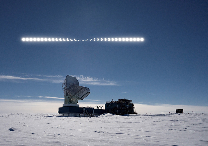 A composite image of the eclipse as seen from the South Pole. 