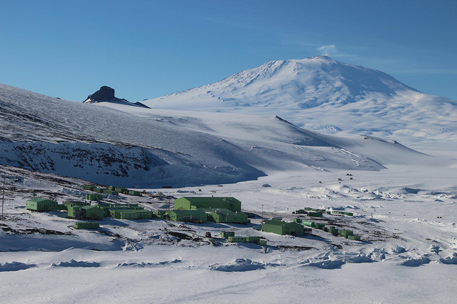 Mt. Erebus, Earth's southernmost active volcano, sits behind New Zealand's Scott Base.