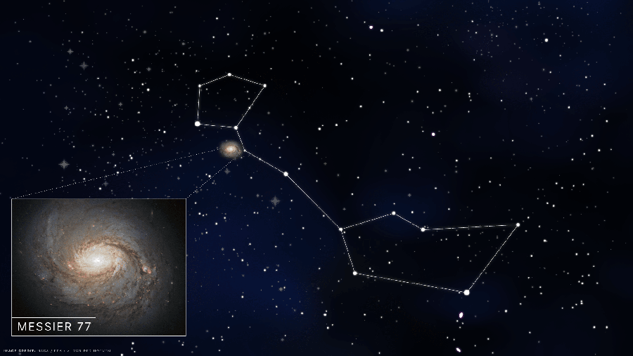 A star map showing the location of NGC 1068 in the Cetus constellation