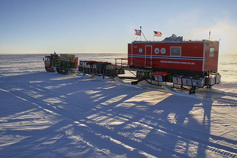 This photo shows the Norwegian-American scientific traverse crossing East Antarctica in November 2007. The traverse carried the team who collected two ice cores used in the new study.