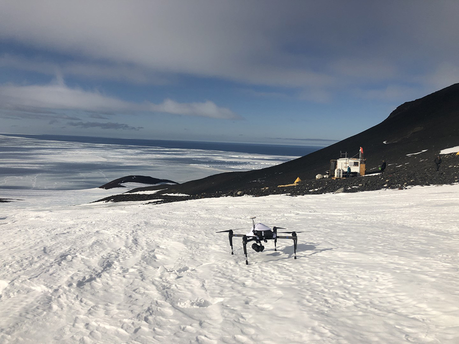 At the Cape Crozier camp, an AUV sits out ready to go on a mapping mission of the penguin colony. 