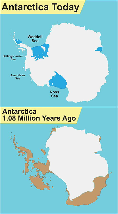 Today, Antarctica's Weddell and Ross seas are separated by a thick ice sheet, but a million years ago, the ice sheet was smaller and inland waterways likely made travel easier between the two seas. 