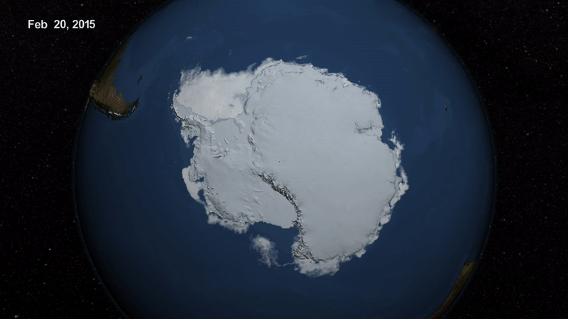 This visualization shows the growth of Antarctic sea ice over the austral winter of 2015.