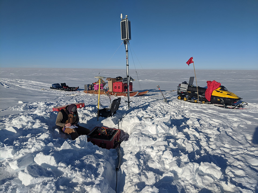 Stephen Veitch installs a long-term seismic station on Thwaites Glacier.