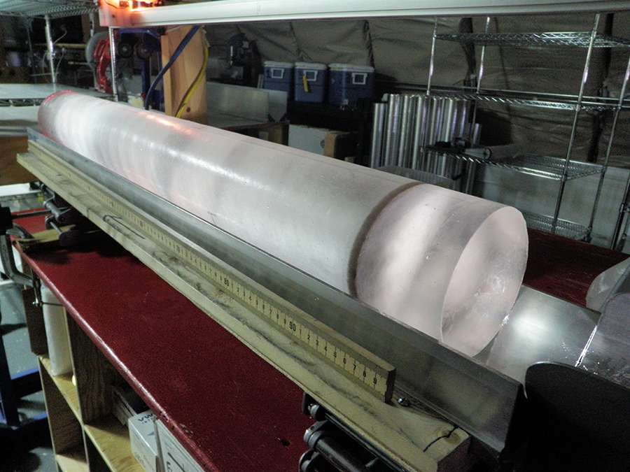 The dark band in this section of the WAIS Divide ice core is a layer of volcanic ash that settled on the Antarctic ice sheet approximately 21,000 years ago.