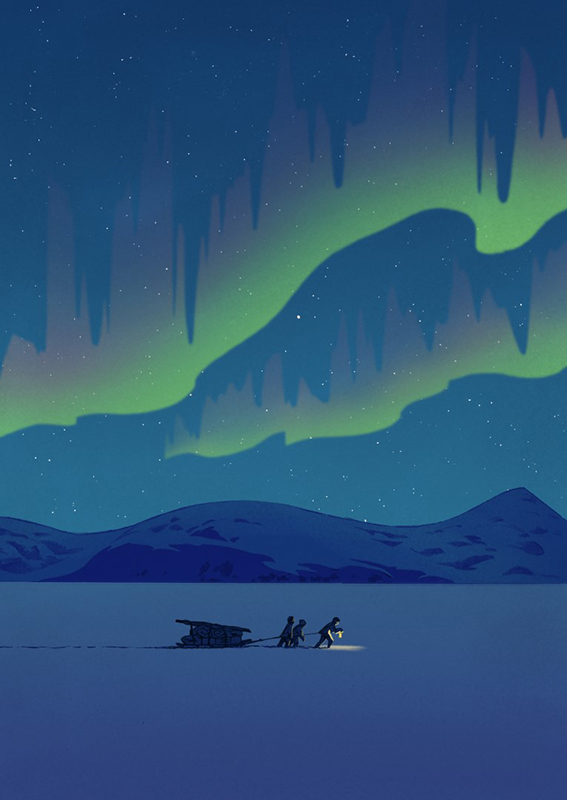 A scene of Robert Falcon Scott's men crossing Windless Bight during the Antarctic night from artist Sarah Airriess's graphic novel adaption of The Worst Journey in the World.