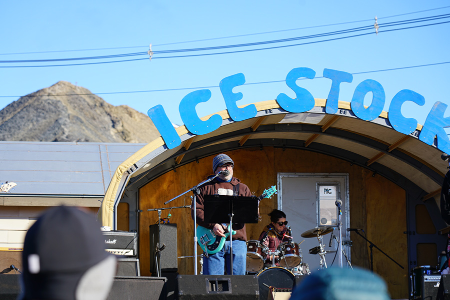 Guitarist Scott Gilbert and Becky Carson on drums perform at Icestock, McMurdo Stations annual New Years outdoor music festival
