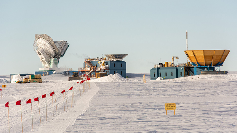 The telescopes of the South Pole: (Left to right) The South Pole Telescope, BICEP3 and the Keck Array, soon to be the new BICEP Array.