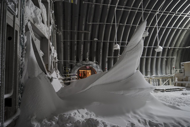 An almost rock-hard snowdrift, known as a sastrugi, built up one snowflake at a time in the logistics arch