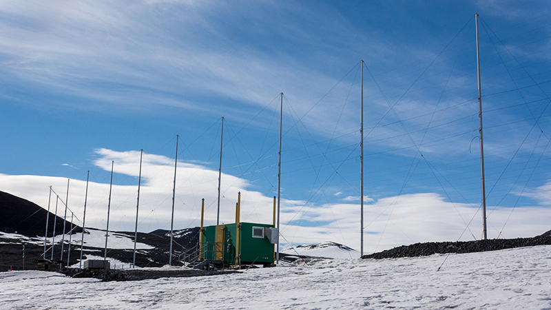 Located along the drive up to the Arrival Heights Lab, the SuperDARN antenna are part of a global radar network to monitor the aurora. There are SuperDARN installations both at McMurdo and South Pole stations.