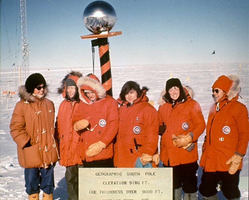 With every step documented for newspapers back in the states, the first six women to reach the South Pole pose at 90 degrees south. (Left to right) Pam Young, Jean Pearson, Terry Tickhill Terrell, Lois Jones, Eileen McSaveney and Kay Lindsay.