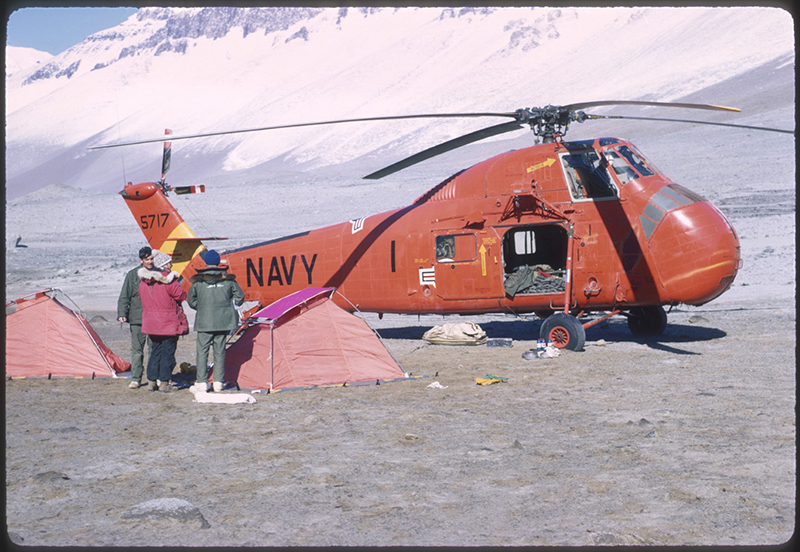Using helicopters piloted by the Navy's VXE-6 Helicopter squadron, the research team flew to the McMurdo Dry Valleys to collect rock, soil and water samples in the Taylor and Wright valleys as part of their geochemical research.
