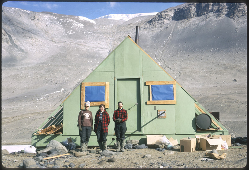 Their first campsite was the hut on the shores of frozen Lake Bonney in the Taylor Valley. (Left to right) Terry Tickhill, Eileen McSaveney and Kay Lindsay pose in front of the hut at Lake Bonney.