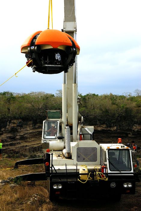 Predecessor to ENDURANCE being lowered by crane.